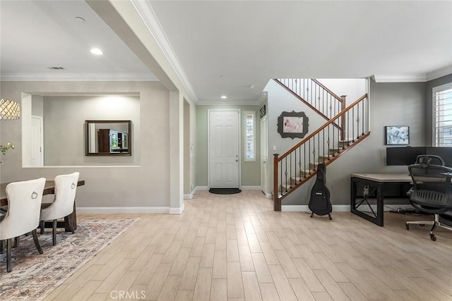 34908 Kooden Rd, Winchester, CA 92596 - entryway featuring wood finished floors, baseboards, crown molding, stairs, and recessed lighting
