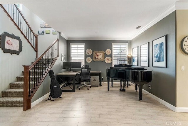 34908 Kooden Rd, Winchester, CA 92596 - office area with light wood-type flooring, ornamental molding, plenty of natural light, and baseboards