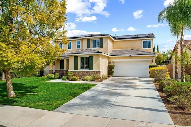 view of front of property featuring brick siding, stucco siding, a garage, driveway, and a front lawn