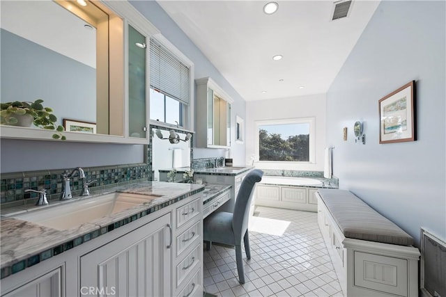 bathroom with recessed lighting, tile patterned floors, vanity, visible vents, and decorative backsplash