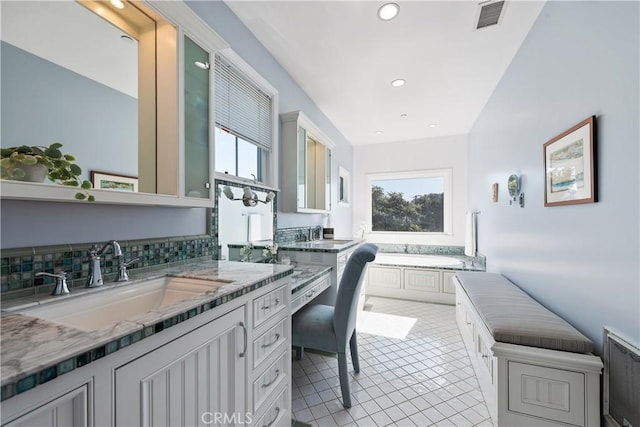 full bath with vanity, recessed lighting, tile patterned floors, visible vents, and a bath