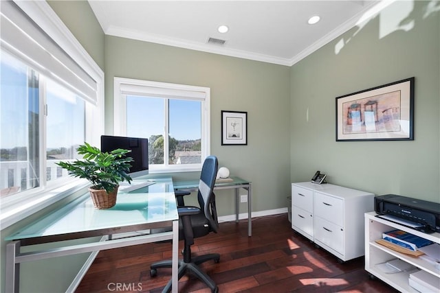 home office featuring dark wood finished floors, visible vents, crown molding, and baseboards