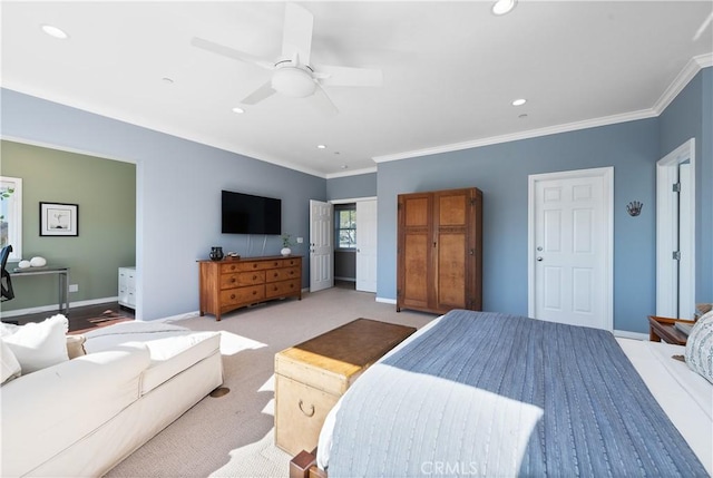 bedroom featuring recessed lighting, ornamental molding, carpet, baseboards, and ceiling fan