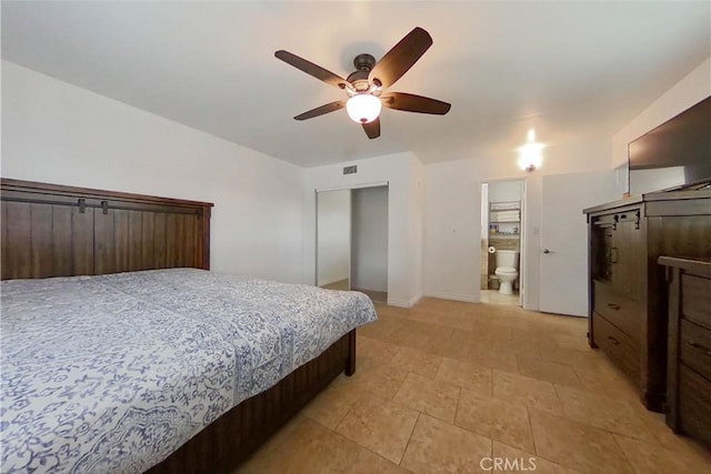 bedroom with a ceiling fan, visible vents, and baseboards