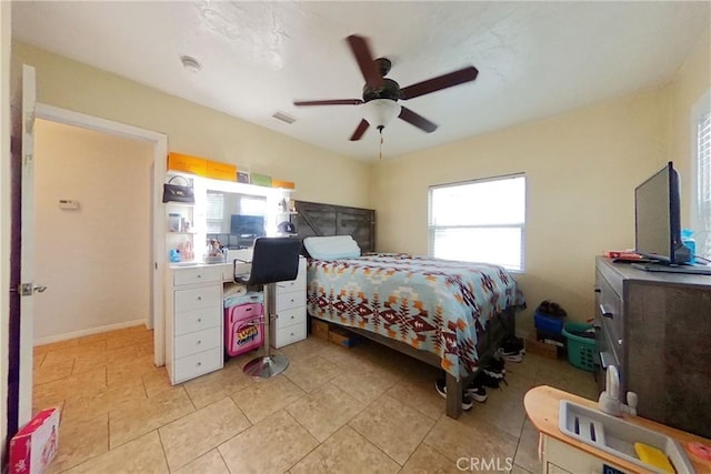 bedroom with ceiling fan and visible vents