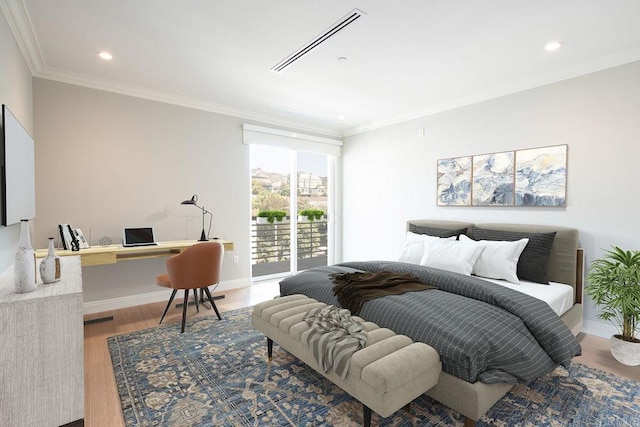 bedroom with recessed lighting, wood finished floors, baseboards, access to outside, and crown molding