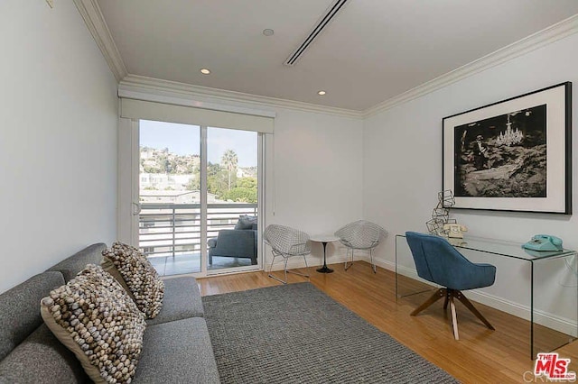 office featuring ornamental molding, recessed lighting, wood finished floors, and baseboards