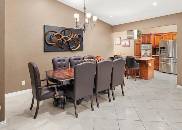 dining space featuring an inviting chandelier, light tile patterned flooring, recessed lighting, and baseboards