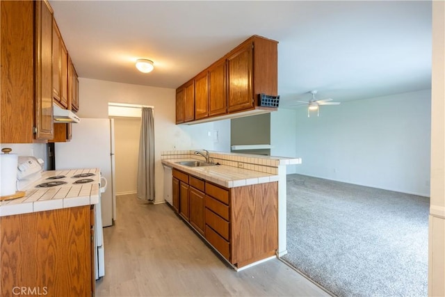 kitchen featuring white electric range, under cabinet range hood, brown cabinets, a ceiling fan, and a sink