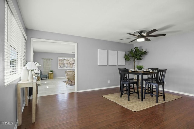 dining room with ceiling fan, wood finished floors, and baseboards