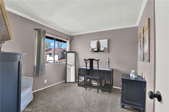 office area with baseboards, a textured ceiling, ornamental molding, and carpet flooring