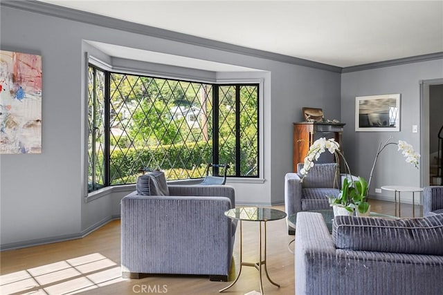 living room featuring baseboards, crown molding, and wood finished floors