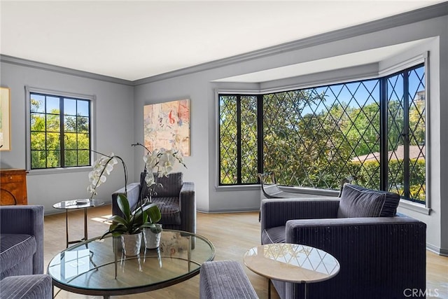 living area featuring light wood-style floors, plenty of natural light, and ornamental molding