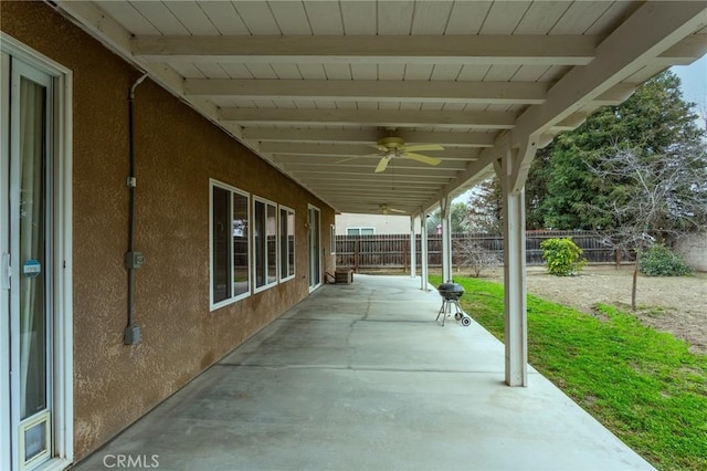 view of patio featuring ceiling fan and a fenced backyard