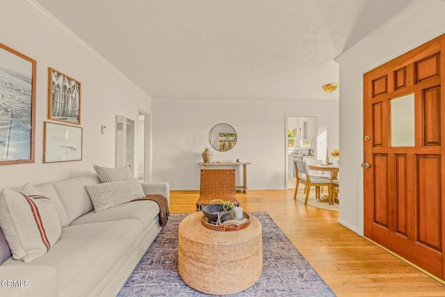 living area featuring ornamental molding, light wood-style flooring, and baseboards