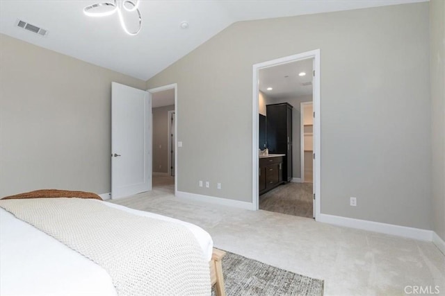 bedroom with light carpet, baseboards, visible vents, and lofted ceiling