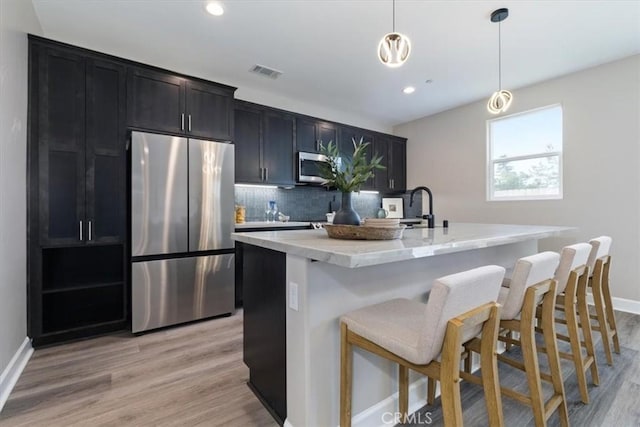 kitchen with stainless steel appliances, visible vents, decorative backsplash, a sink, and an island with sink