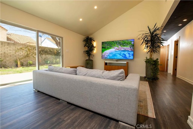 living room with high vaulted ceiling, baseboards, dark wood-style flooring, and recessed lighting