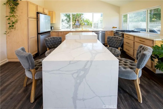 kitchen with light stone countertops, stainless steel appliances, dark wood-style flooring, a center island, and light brown cabinetry