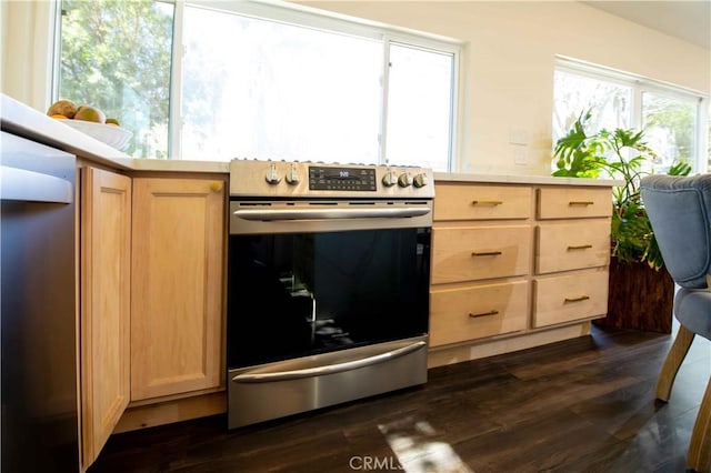 kitchen featuring dark wood finished floors, stainless steel electric range, and light brown cabinetry