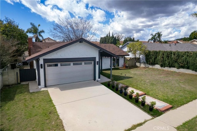 ranch-style house with stucco siding, concrete driveway, an attached garage, a front yard, and fence