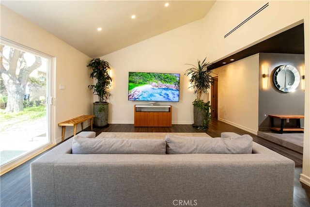 living area with dark wood-style floors, baseboards, high vaulted ceiling, and recessed lighting