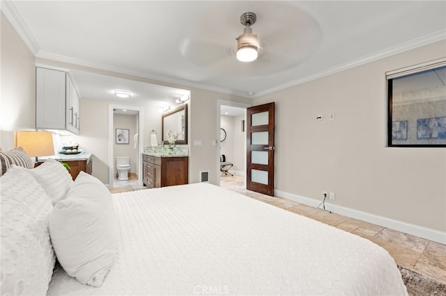 bedroom featuring visible vents, crown molding, and baseboards