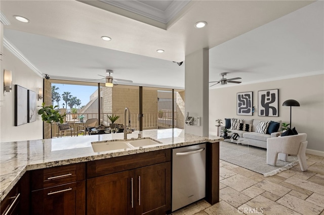 kitchen featuring crown molding, stainless steel dishwasher, a sink, ceiling fan, and dark brown cabinets