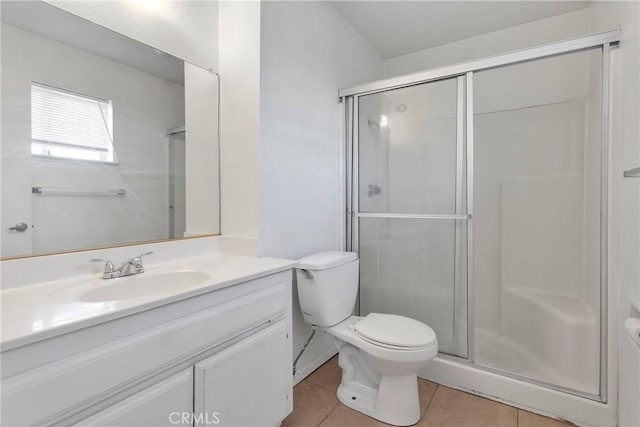 full bath featuring a stall shower, vanity, toilet, and tile patterned floors