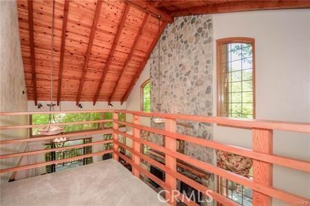 bonus room with high vaulted ceiling, carpet, wood ceiling, and beamed ceiling