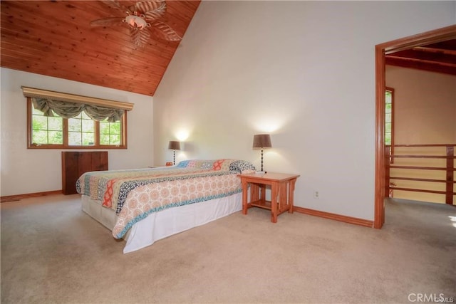 bedroom featuring high vaulted ceiling, carpet, wood ceiling, and baseboards