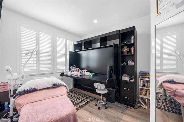 interior space featuring wood finished floors and recessed lighting