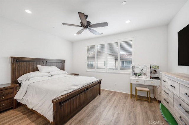 bedroom with light wood-style flooring, baseboards, ceiling fan, and recessed lighting