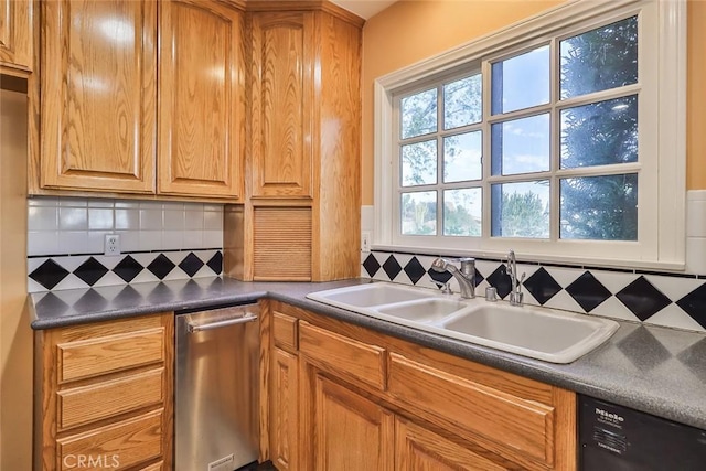 kitchen featuring a sink, tasteful backsplash, dark countertops, and dishwasher