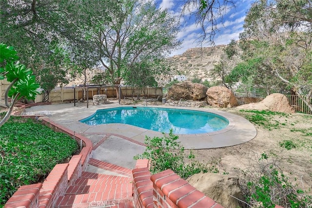 view of swimming pool featuring a fenced in pool, a patio, a fenced backyard, and a mountain view