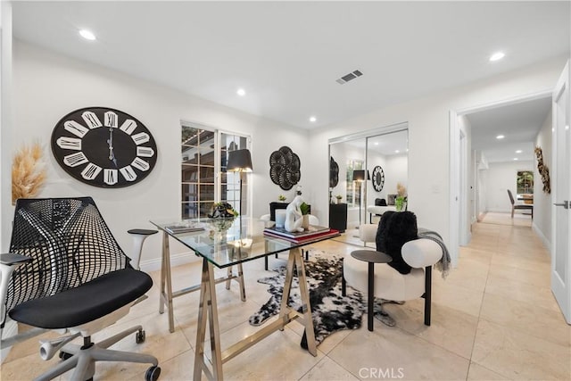 office area with light tile patterned floors, baseboards, visible vents, and recessed lighting