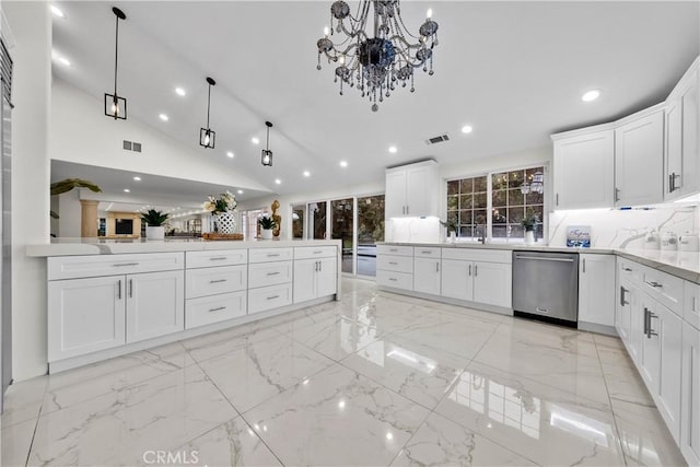 kitchen with visible vents, dishwasher, marble finish floor, white cabinetry, and backsplash