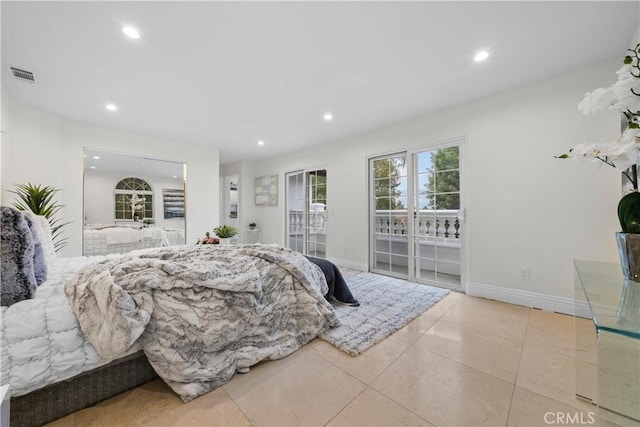 bedroom featuring visible vents, baseboards, access to exterior, tile patterned flooring, and recessed lighting