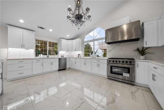 kitchen featuring visible vents, decorative backsplash, appliances with stainless steel finishes, marble finish floor, and range hood