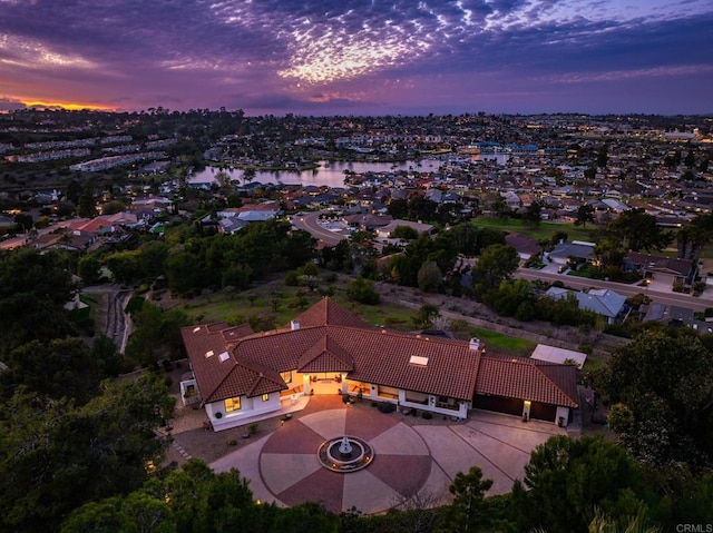 view of aerial view at dusk