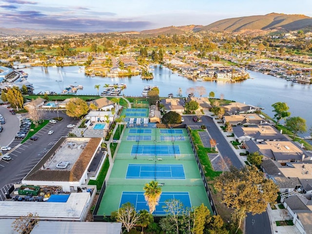 bird's eye view featuring a water and mountain view