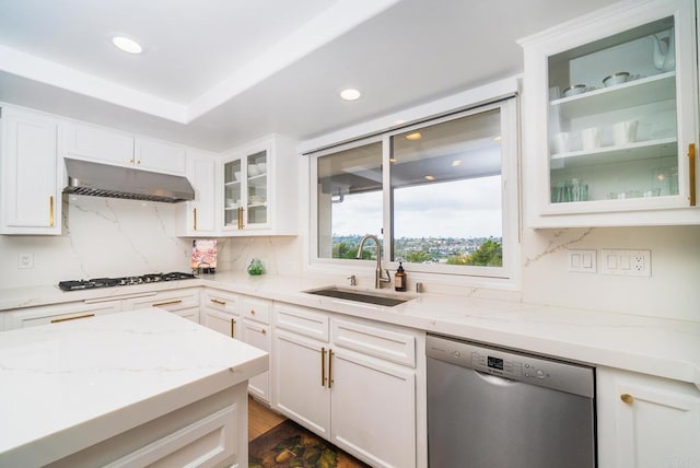 kitchen featuring under cabinet range hood, a sink, backsplash, stainless steel dishwasher, and gas stovetop