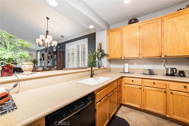 kitchen with black dishwasher, light countertops, crown molding, a sink, and recessed lighting