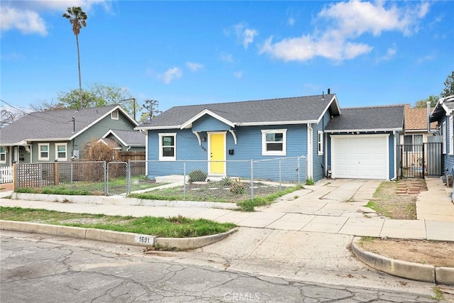 single story home featuring an attached garage, a gate, fence, a residential view, and driveway