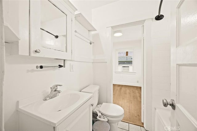 full bathroom with tile patterned floors, toilet, vanity, cooling unit, and walk in shower