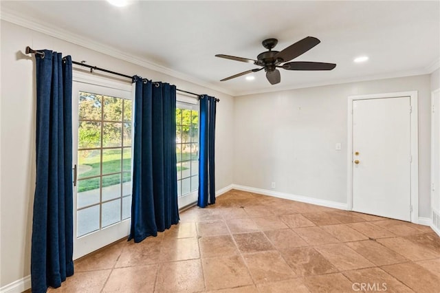 unfurnished room featuring baseboards, crown molding, and recessed lighting