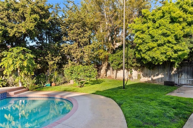 view of pool featuring a yard, a fenced backyard, and a fenced in pool