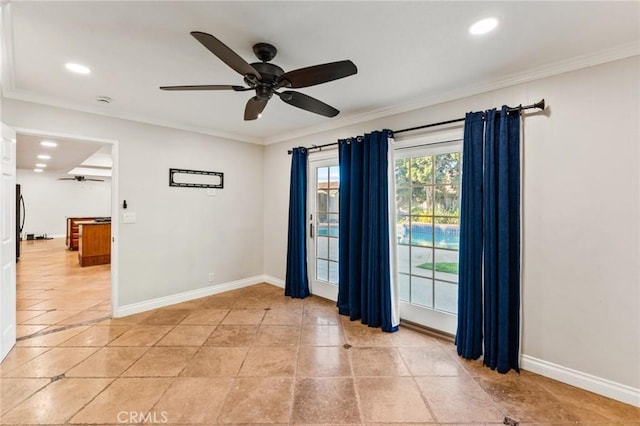 empty room with ornamental molding, recessed lighting, and baseboards