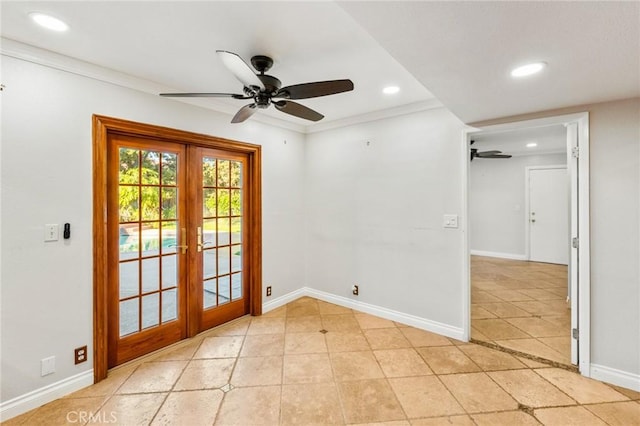 doorway to outside featuring light tile patterned floors, french doors, recessed lighting, and baseboards