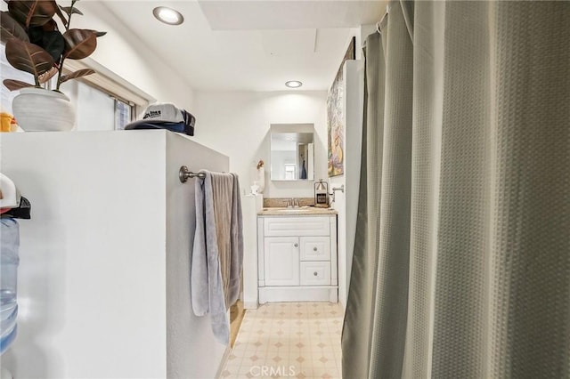 full bathroom featuring recessed lighting, vanity, a shower with shower curtain, and tile patterned floors